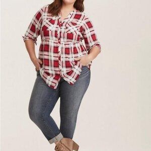 Women’s torrid 1 Beet Red Plaid Emma Babydoll Challis Button Front Tunic 14 16